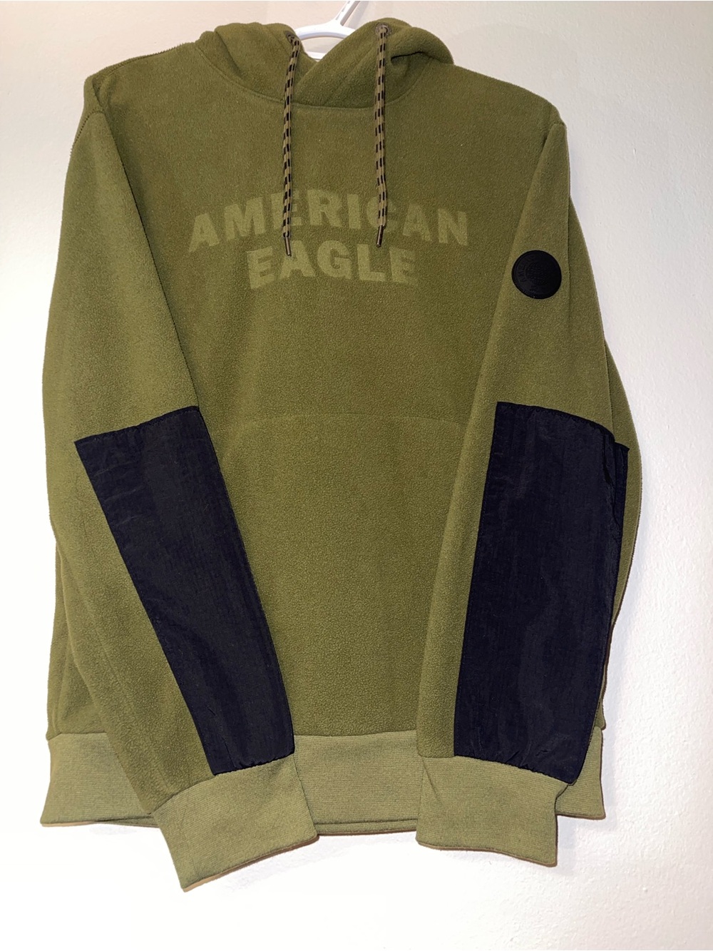 American Eagle Outfitters Olive Green Hoodie with Black Elbow Panels